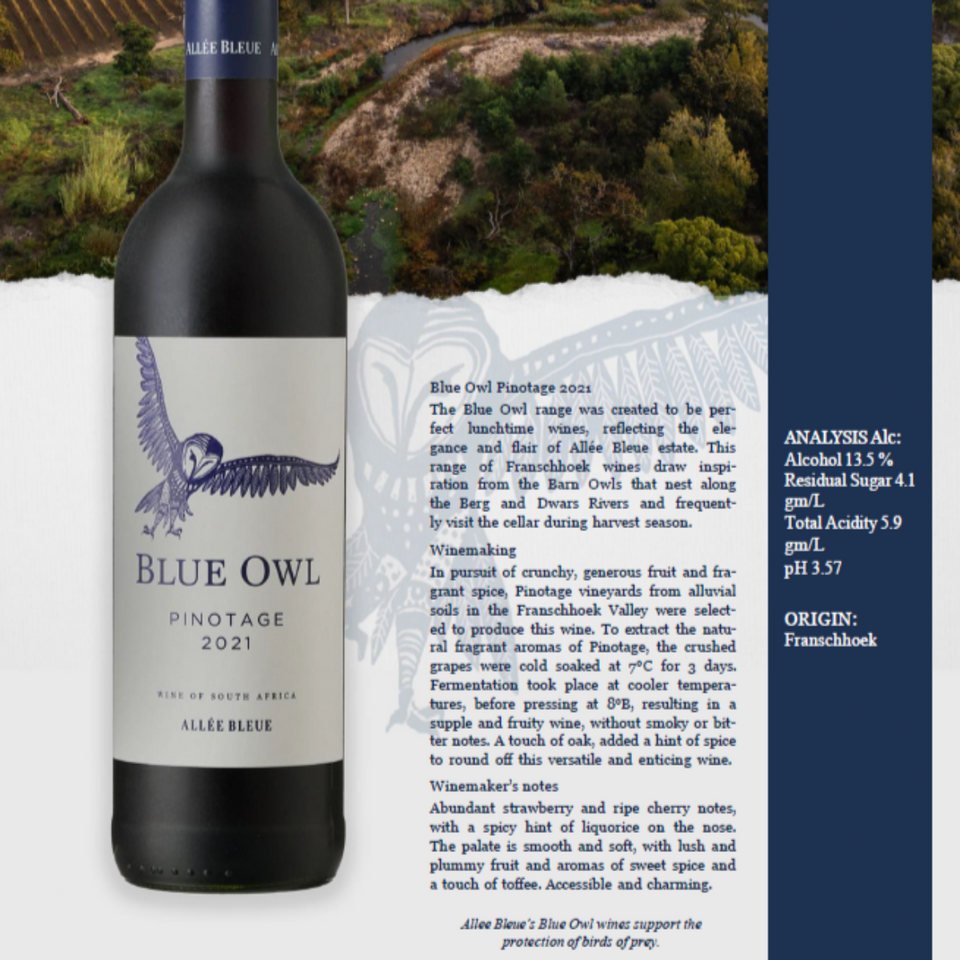 Allée Bleue Blue Owl Pinotage (13.5% Alc/Vol)