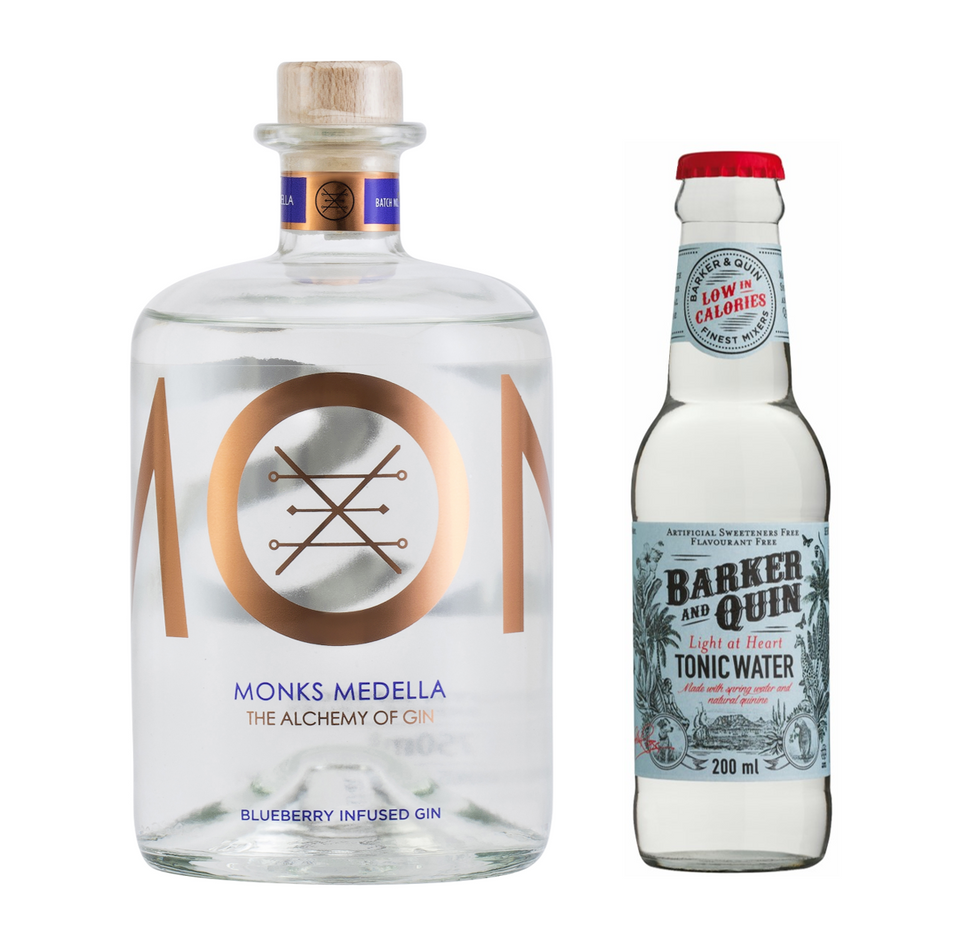 Gift Pack Monks Blueberry Gin 43% 750ml, Barker and Quin Light At Heart Tonic 24 x 200ml