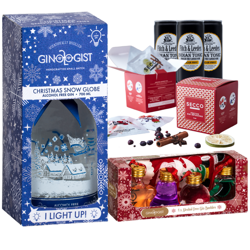 Gift Pack Ginologist Snowglobe 0% Gin 700ml, Secco Festive Drink Infusion, Gin 0% Baubles 4x50ml, Fitch & Leedes Tonic 24 x 200ml - Designs may vary